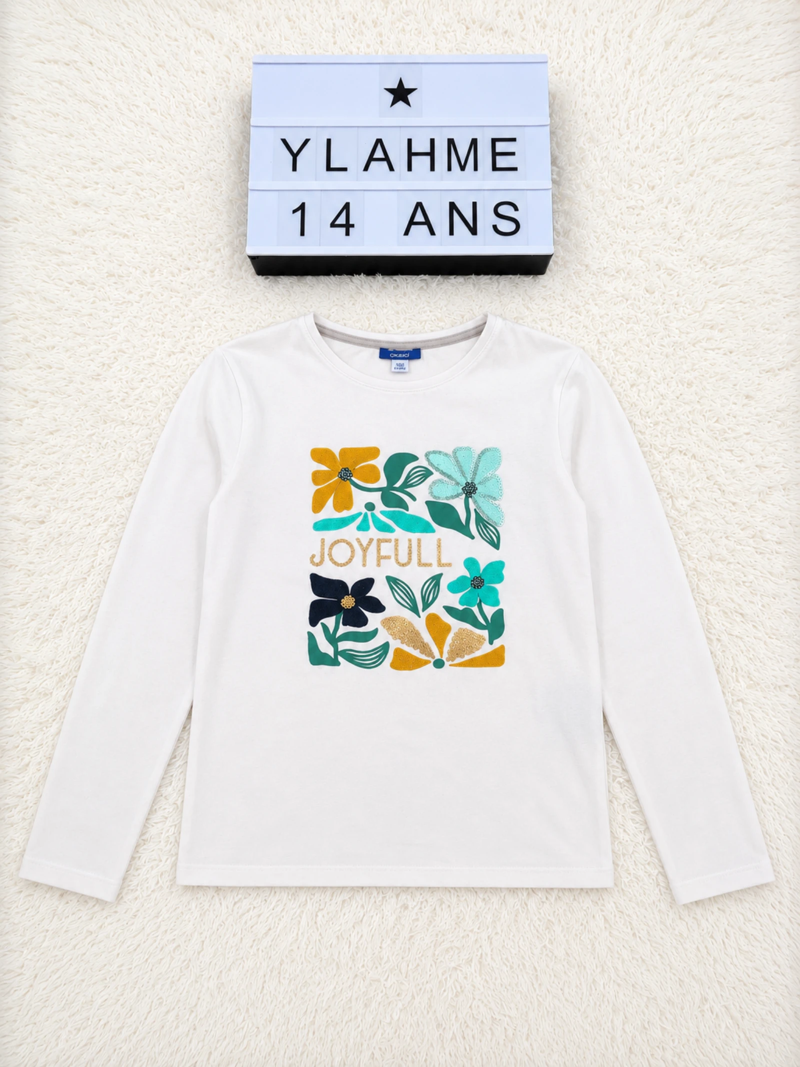 T-shirt manches longues Okaïdi blanc imprimé fleurs 14 ans 👒